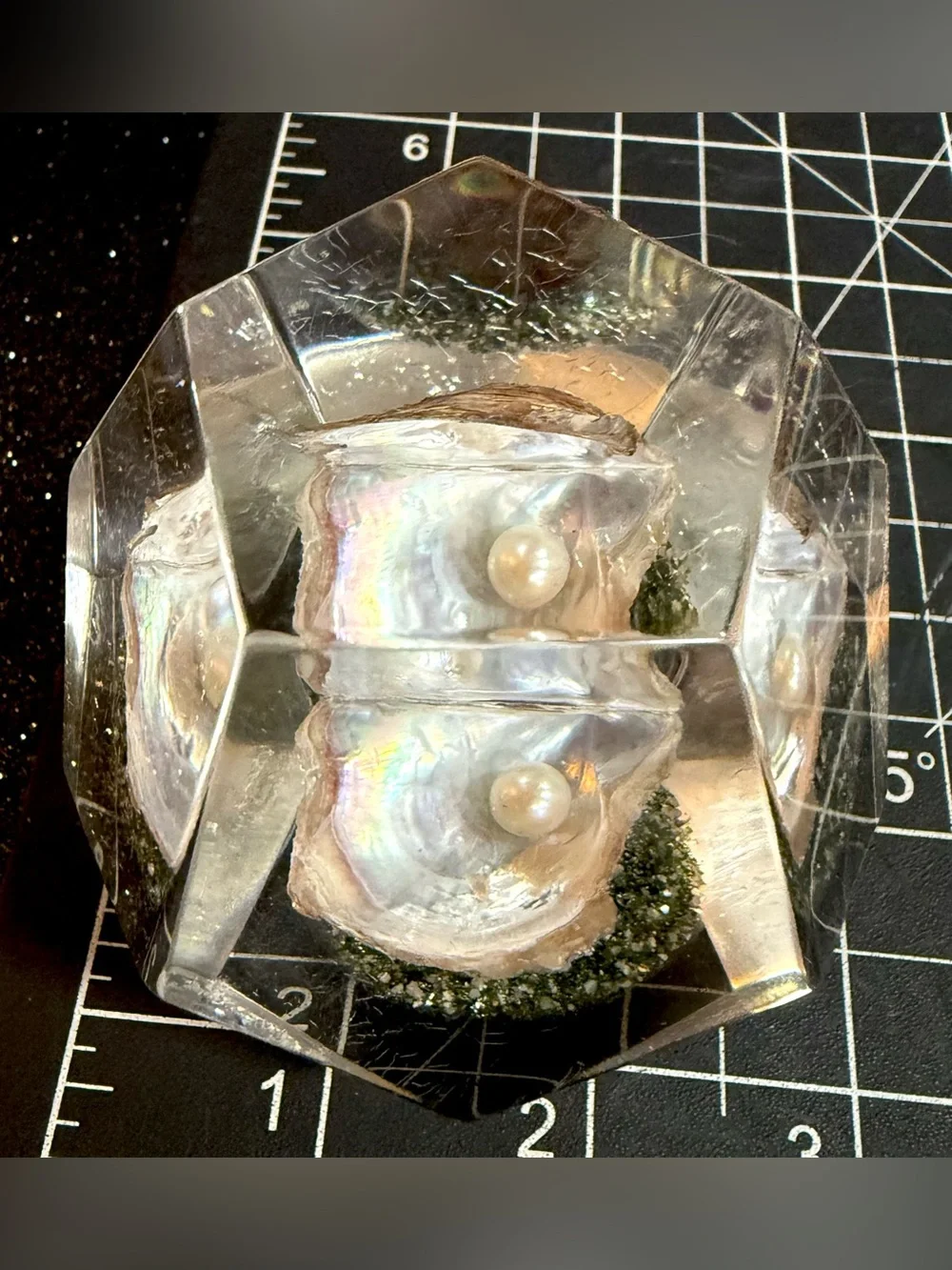 Vintage Lucite Paperweight With Pearl in Oyster Shell